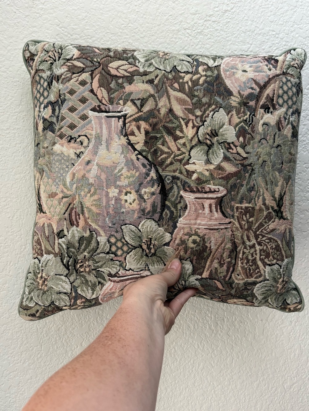Decorative Floral Tapestry Throw Pillow in Sage and Pink